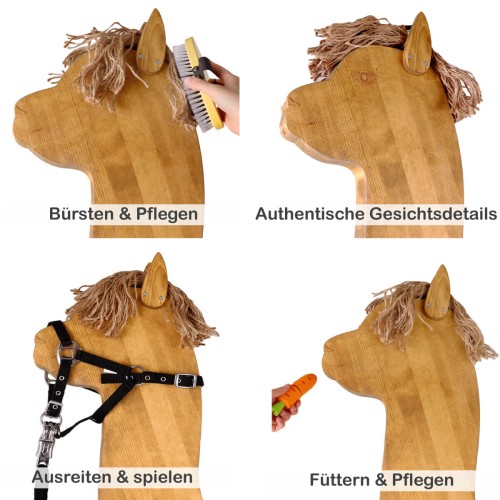 Liebevoll gestaltete Gesichtsdetails des handgefertigten Holz Alpakas aus Massivholz.
